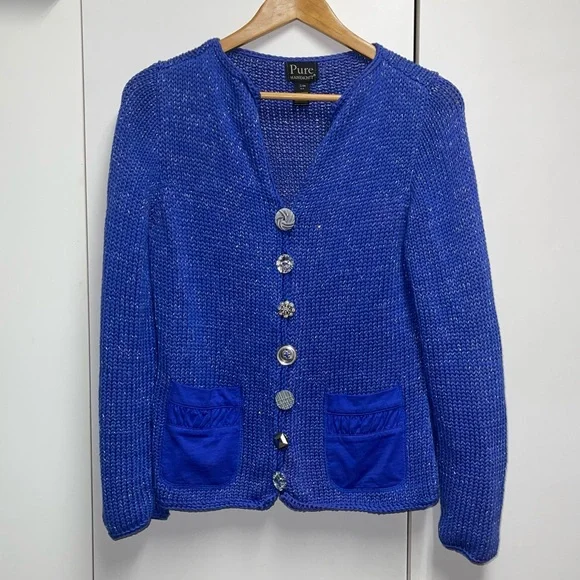 Pure Handknit Chunky Cardigan Button Up Knit Sweater Marled Blue & Silver S/M - Picture 2 of 6